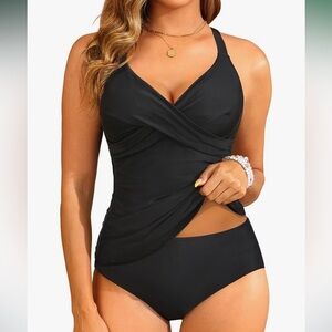 Tankini Swimsuit Set MEDIUM Ruched Tummy Control Twist V Neck 2 Piece Black NEW